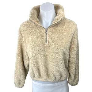 H&M Women's Beige Tan Half Zip Sherpa Fleece Pullover Crop Teddy Sweater Top XS